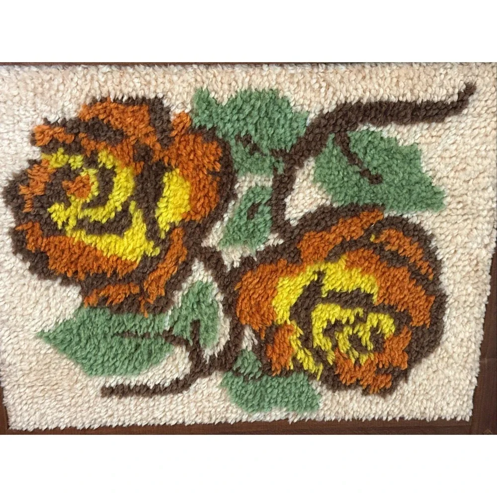 Vintage Latch & Hook Rug Wall Art Floral Roses 70's Boho 29